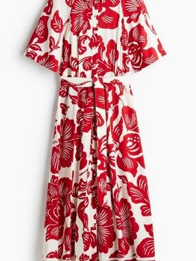H&M Red and White Floral Tie-Waist Shirt Dress